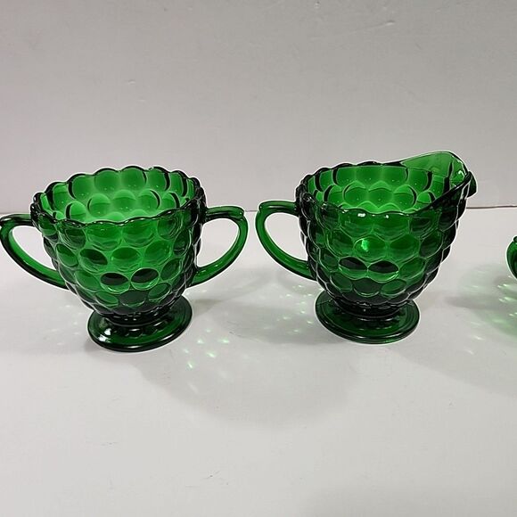 Set Of 4 Vtg Anchor Hocking Forest Green Bubble Glass (2) Cups + Cream & Sugar - Picture 2 of 16